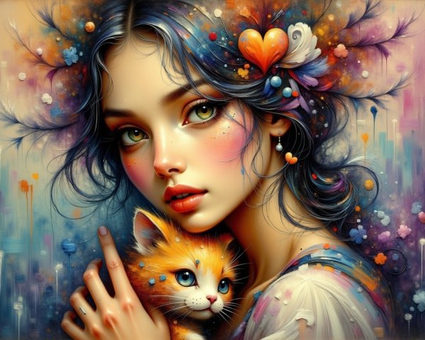 Vibrant portrait of a woman with colorful hair and kitten