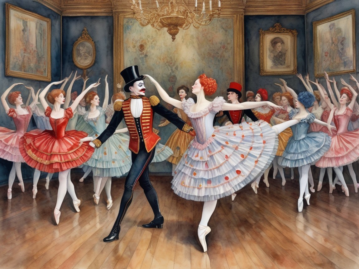 Clown and Ballerinas in Elegant Ballroom Dance Scene