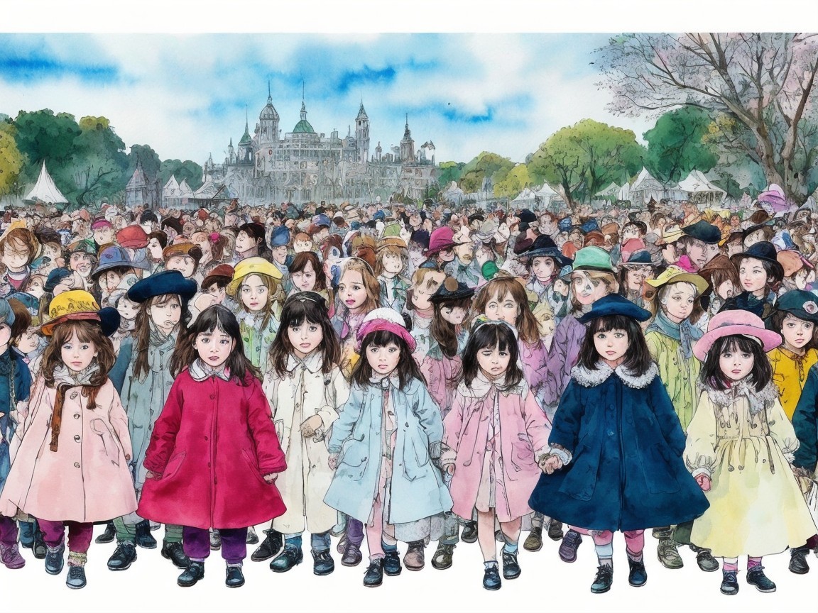 Children in Colorful Coats at a Park with Castle