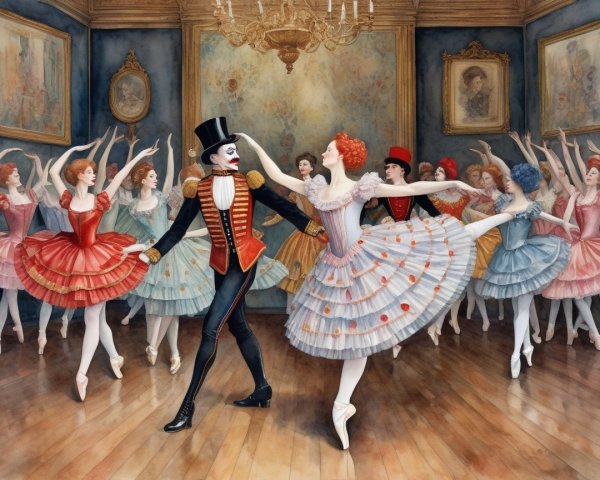 Clown and Ballerinas in Elegant Ballroom Dance Scene