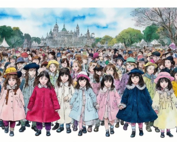 Children in Colorful Coats at a Park with Castle