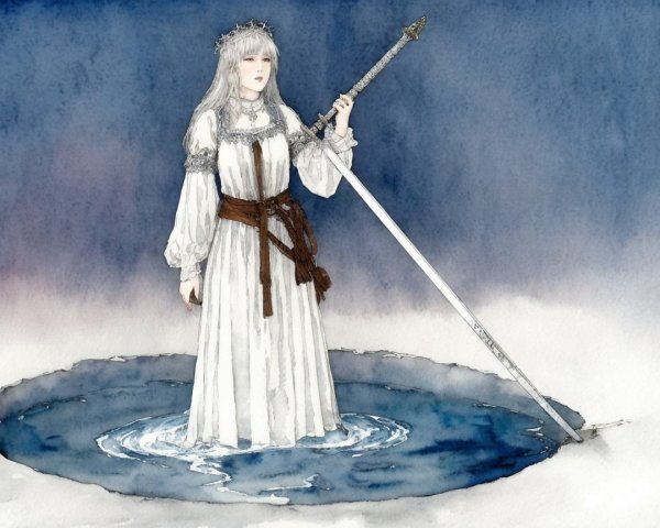 Mystical Figure in White Gown with Sword in Water