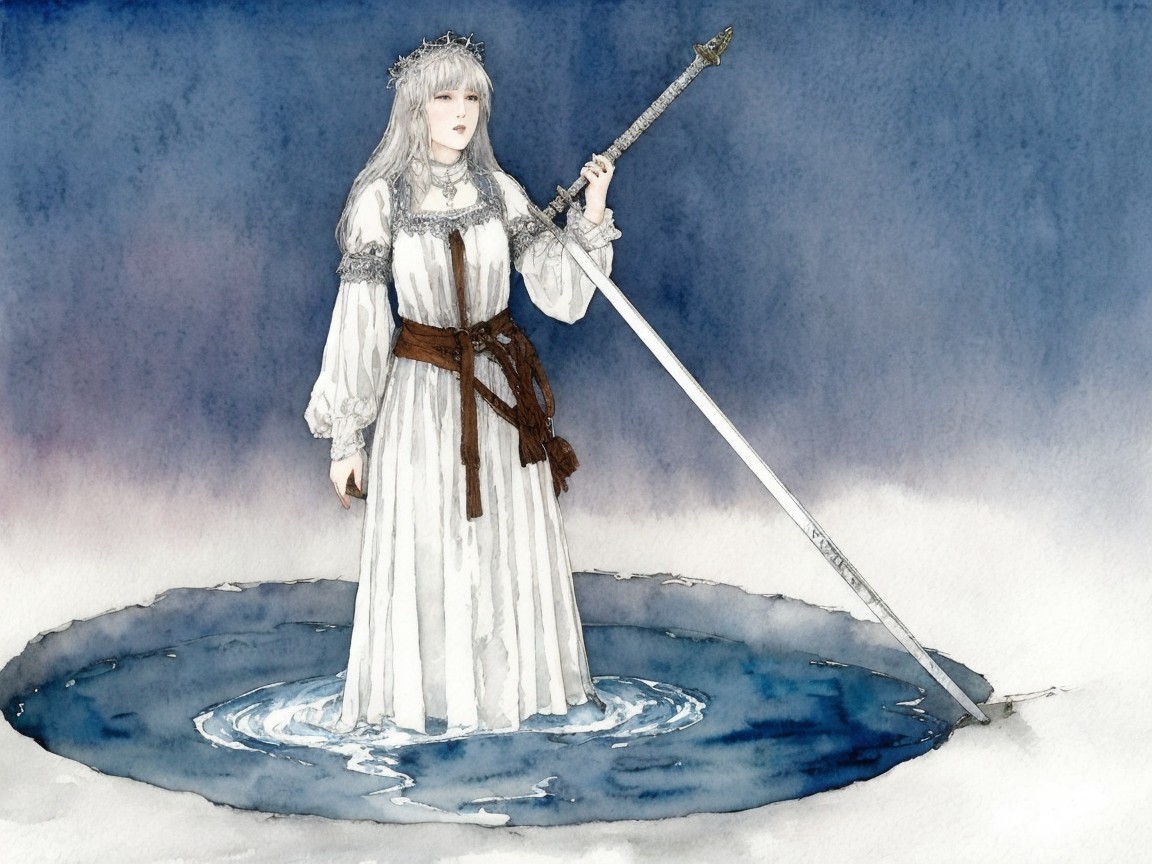 Mystical Figure in White Gown with Sword in Water