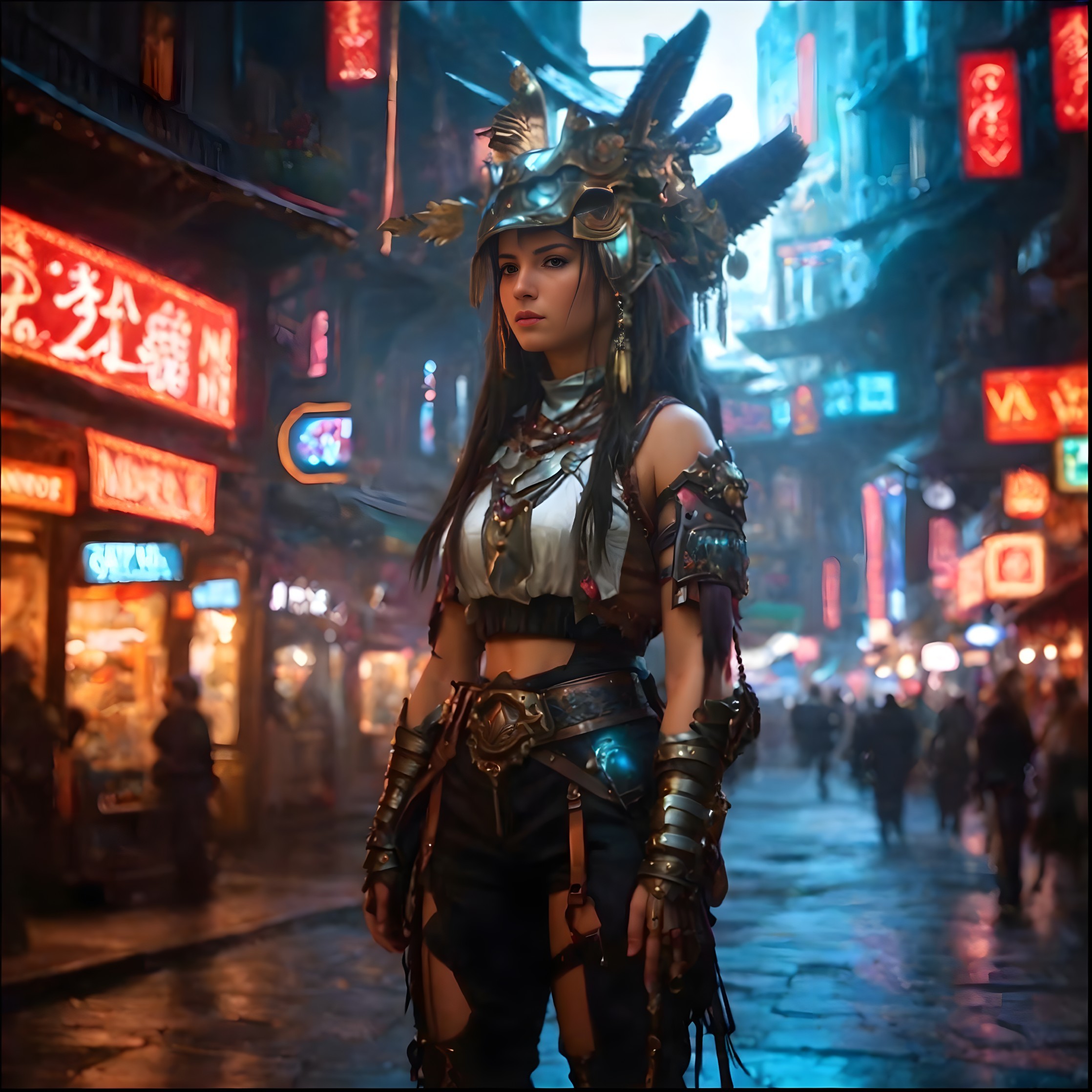 Warrior Woman in Neon-Lit Market Scene with Armor