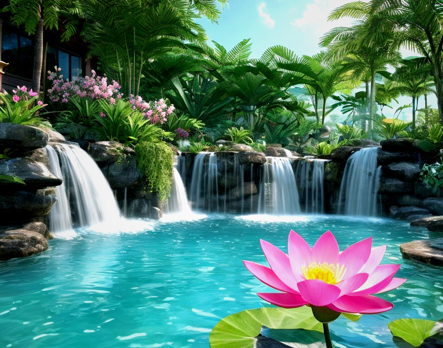 Tropical Landscape with Lotus and Waterfalls