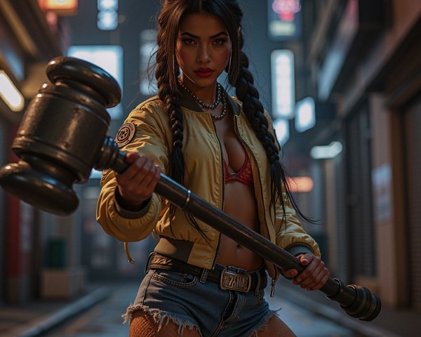 Confident Woman in Urban Alley with Gavel and Style