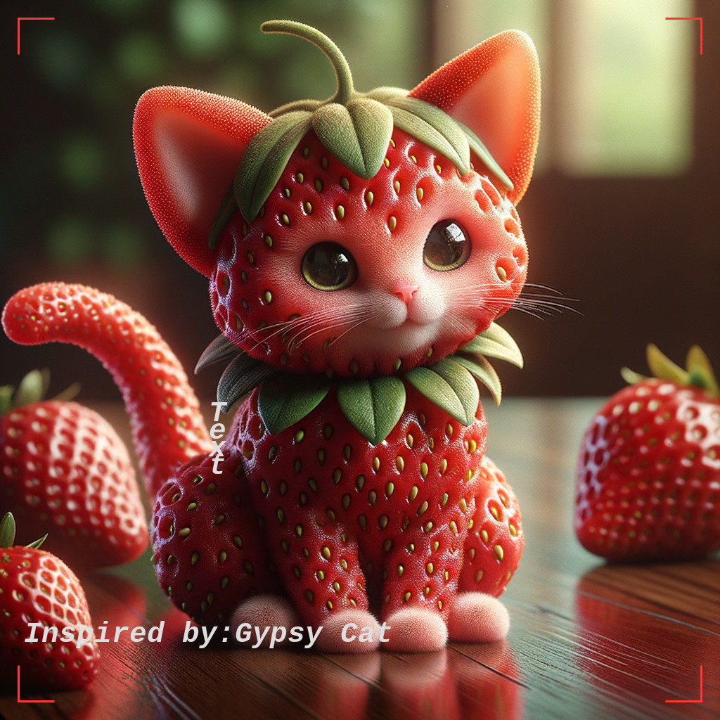 Plush Cat Resembling Strawberry Surrounded by Fruit