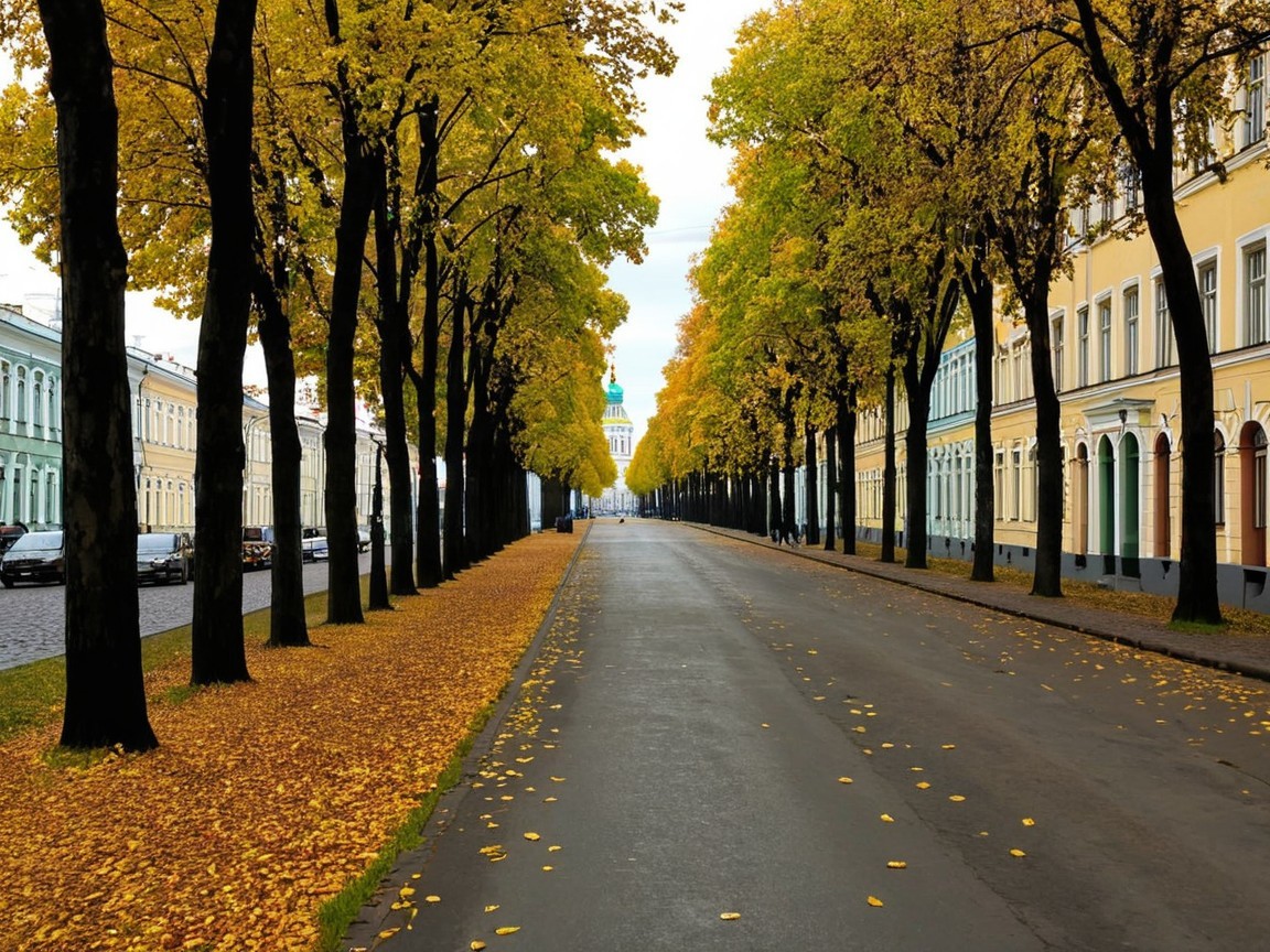 Autumn Street with Golden Trees and Elegant Buildings