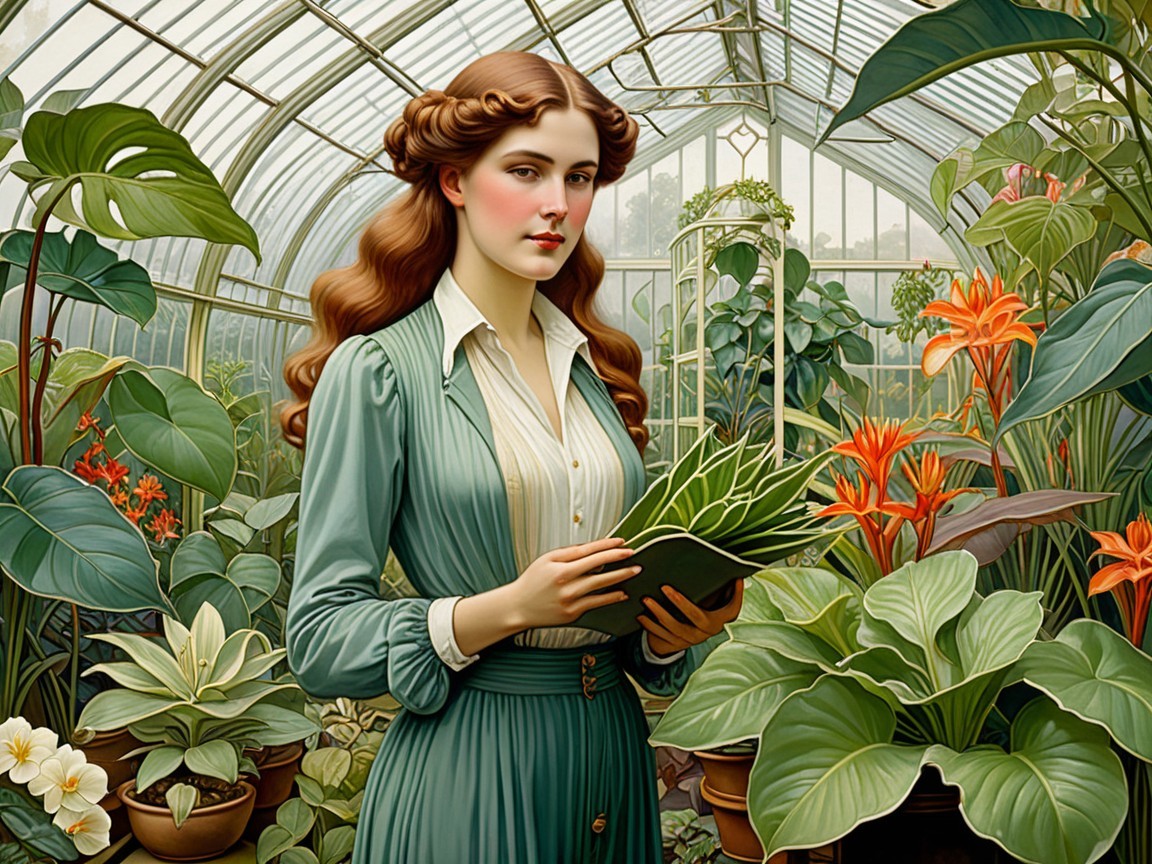 Young Woman in Greenhouse Surrounded by Plants