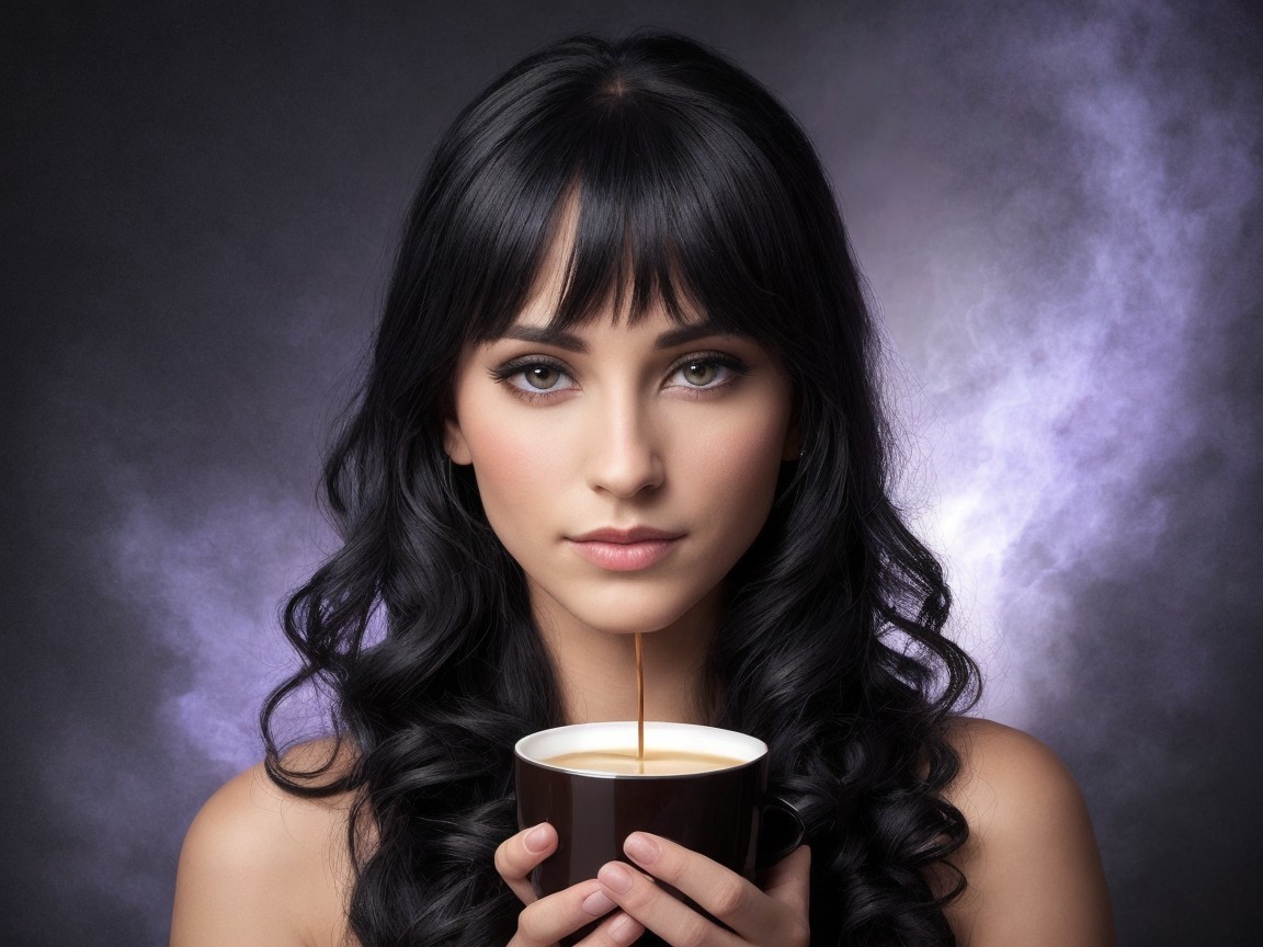 Young woman with black hair and green eyes holding coffee