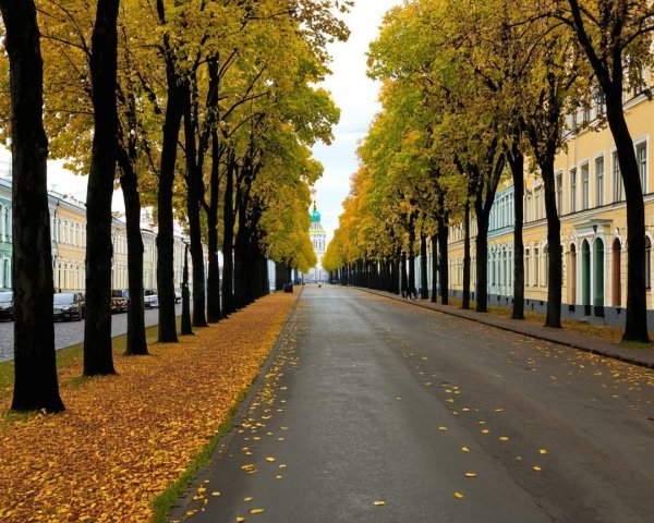 Autumn Street with Golden Trees and Elegant Buildings