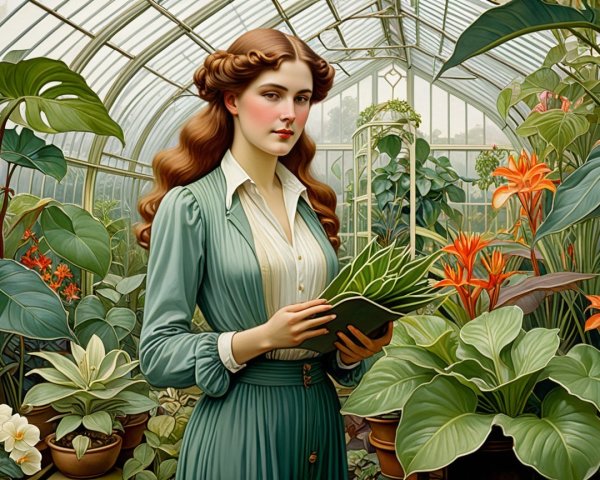 Young Woman in Greenhouse Surrounded by Plants