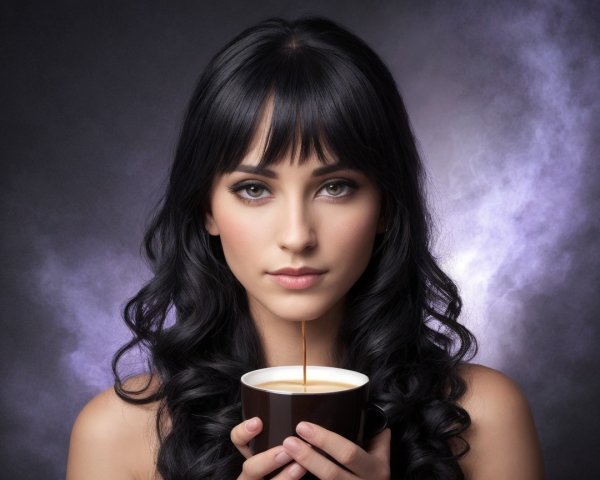 Young woman with black hair and green eyes holding coffee