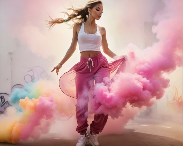 Young woman in colorful smoke with graffiti backdrop