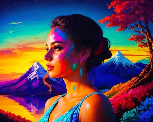 Surreal Landscape with Colorful Painted Woman and Sunset
