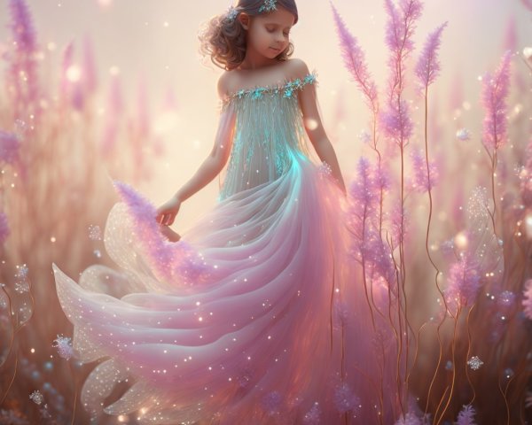Young girl in ethereal gown twirling in flower field