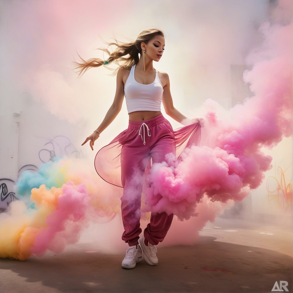 Young woman in colorful smoke with graffiti backdrop