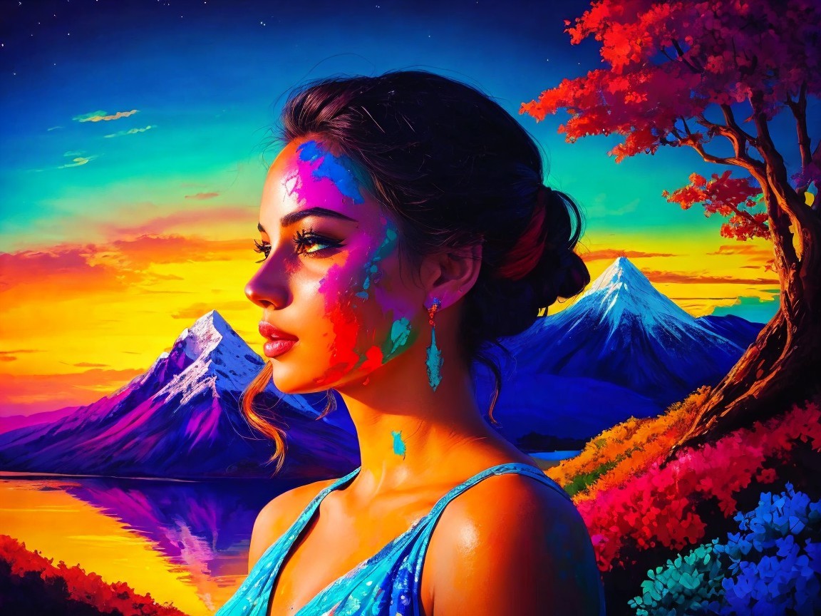 Surreal Landscape with Colorful Painted Woman and Sunset