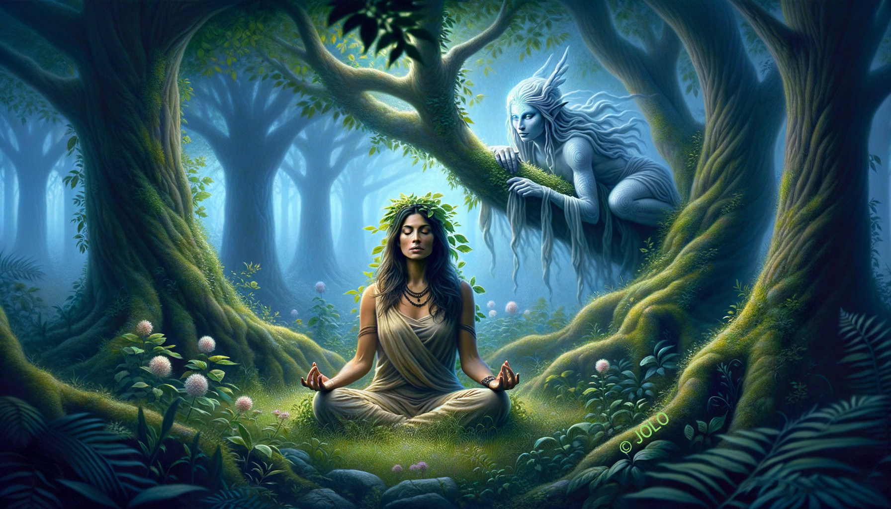 Woman meditating in mystical forest with blue fantasy creature among lush greenery