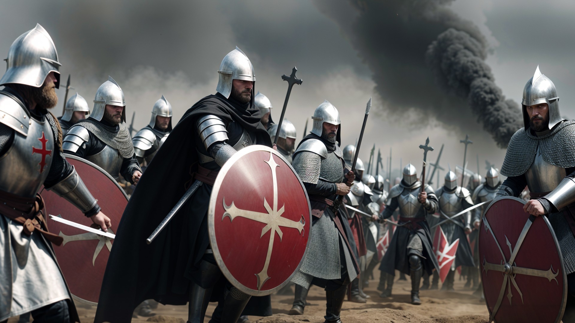 Armored Knights in Battle with Dark Smoke Background