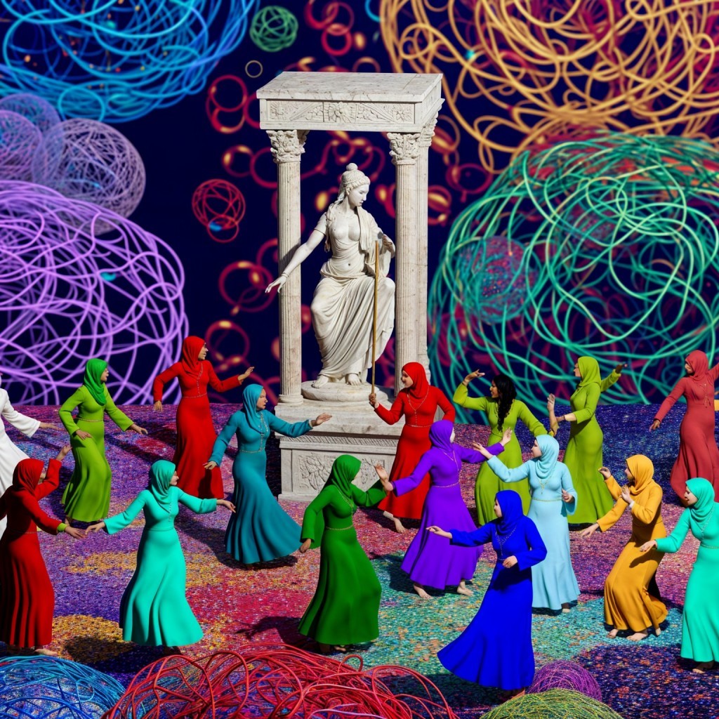 Abstract Dance Around Classical Statue in Colorful Setting