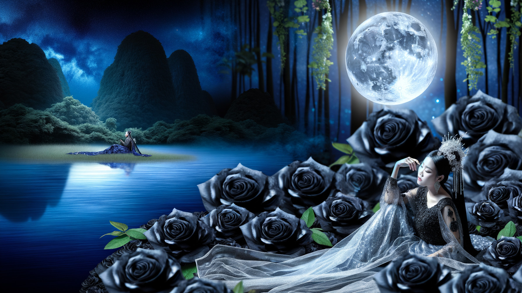 Surreal Nightscape with Woman and Black Roses
