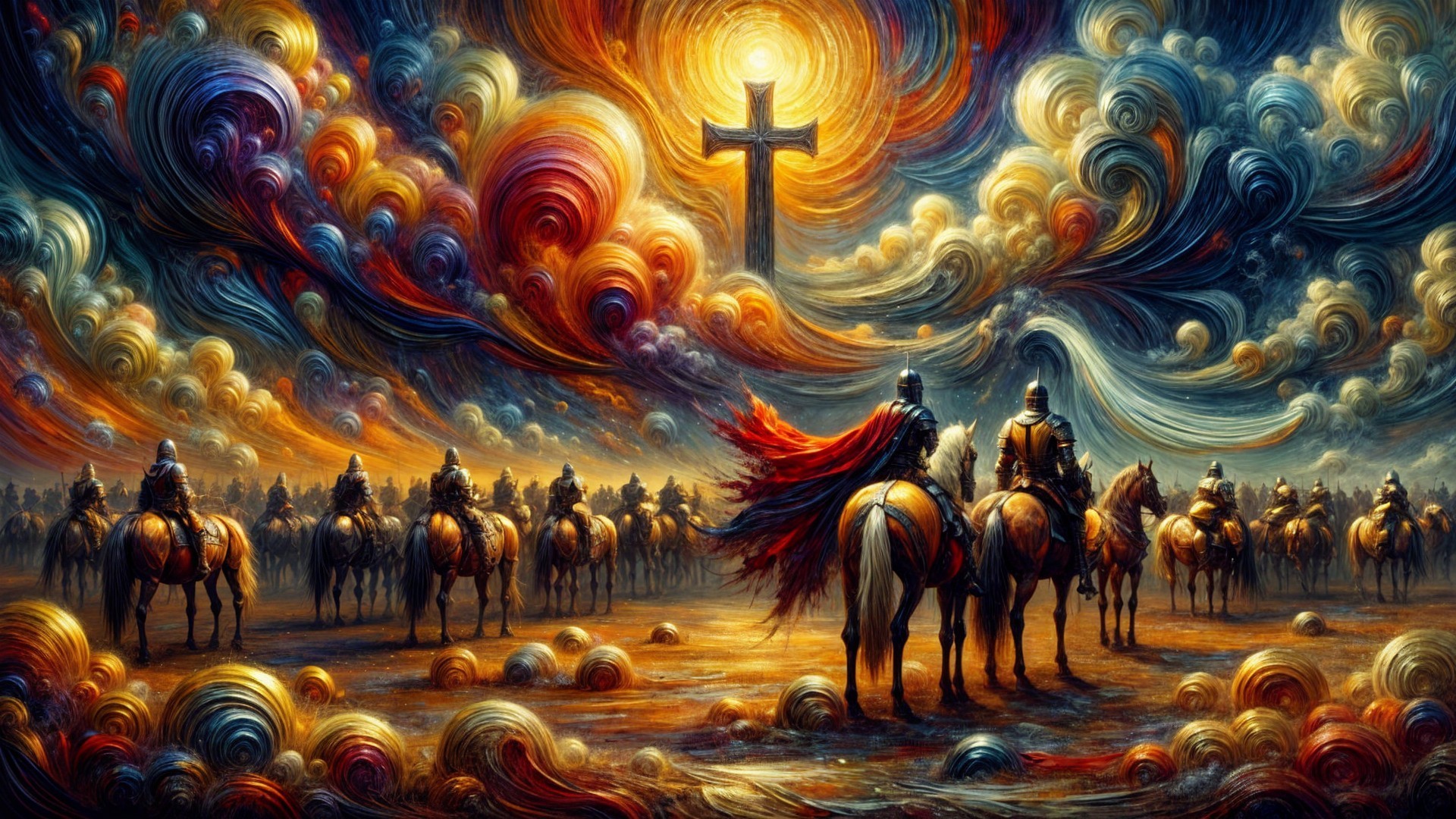 Armored Knights on Horseback Under Dramatic Sky