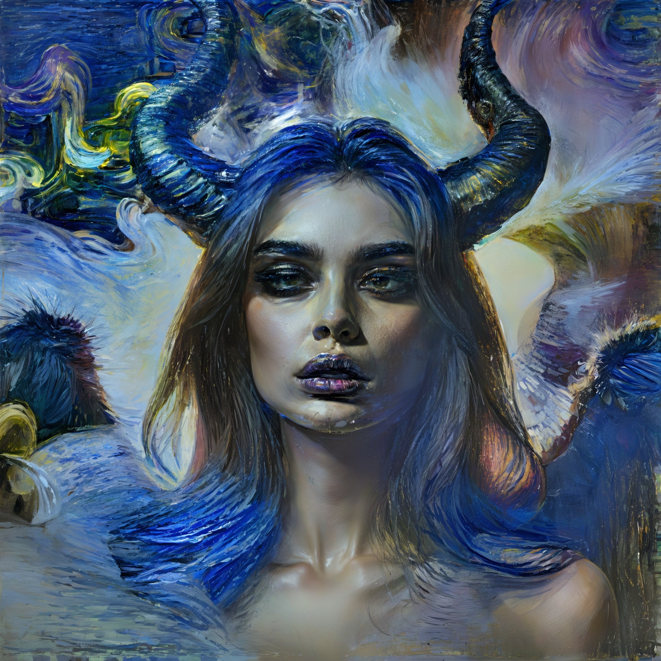 Portrait of a Woman with Blue Hair and Horns