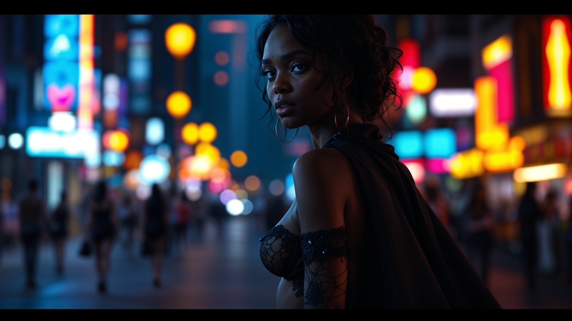 Woman in Elegant Black Outfit in Neon Urban Setting