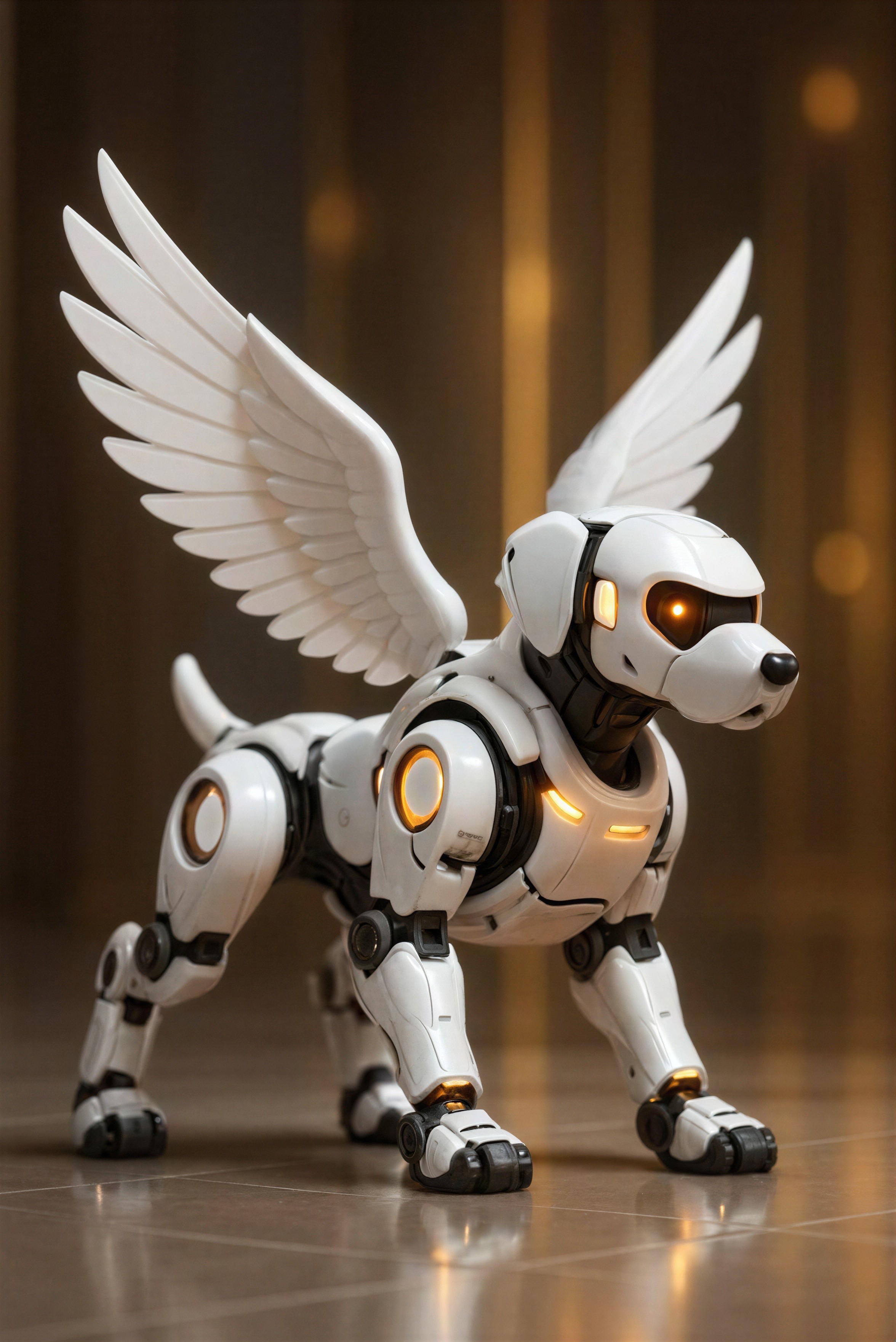 Futuristic robotic dog with wings and glowing details
