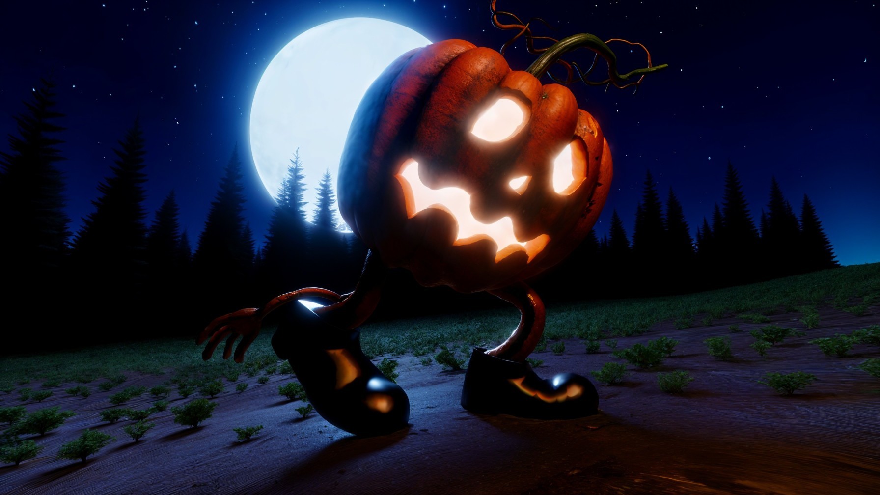 Whimsical Pumpkin Character in Moonlit Landscape