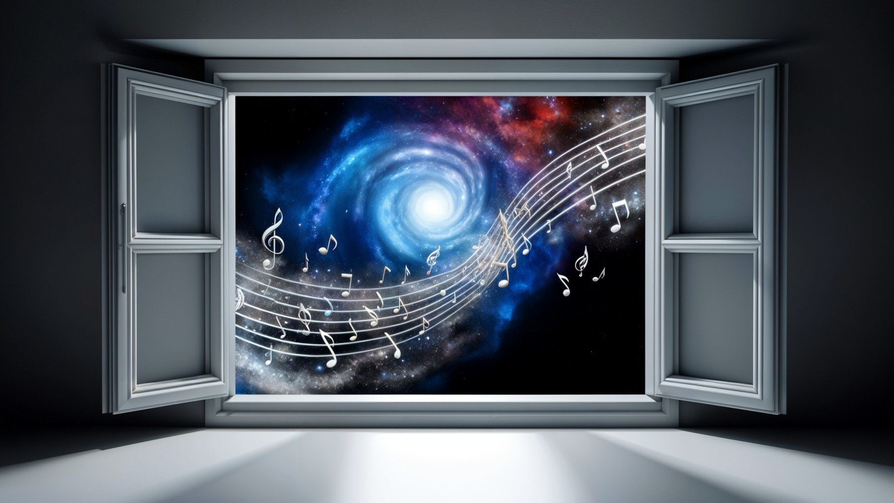 Surreal Window Scene with Cosmic Galaxy and Music Notes