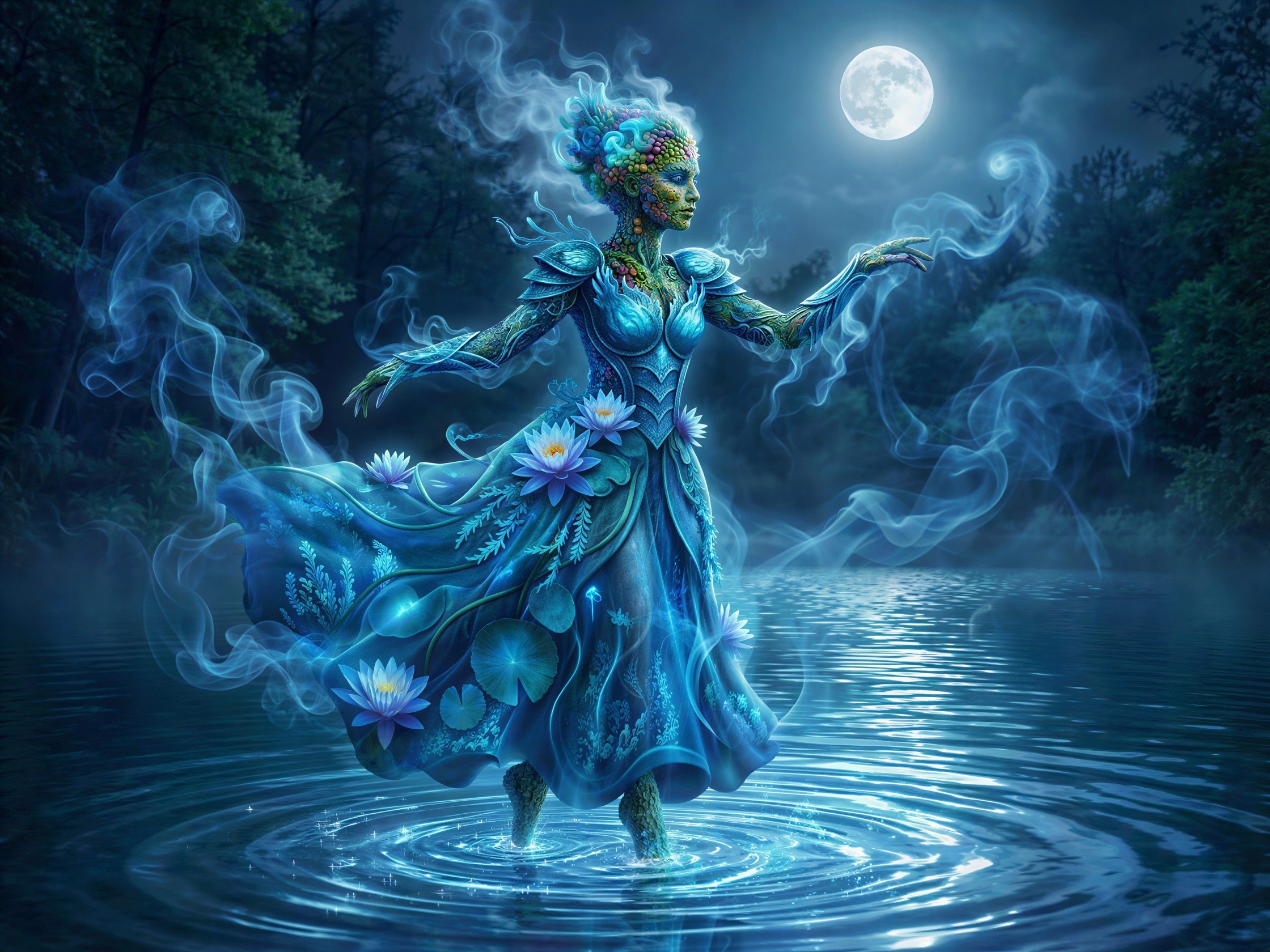 Ethereal Nymph in Bioluminescent Forest Scene