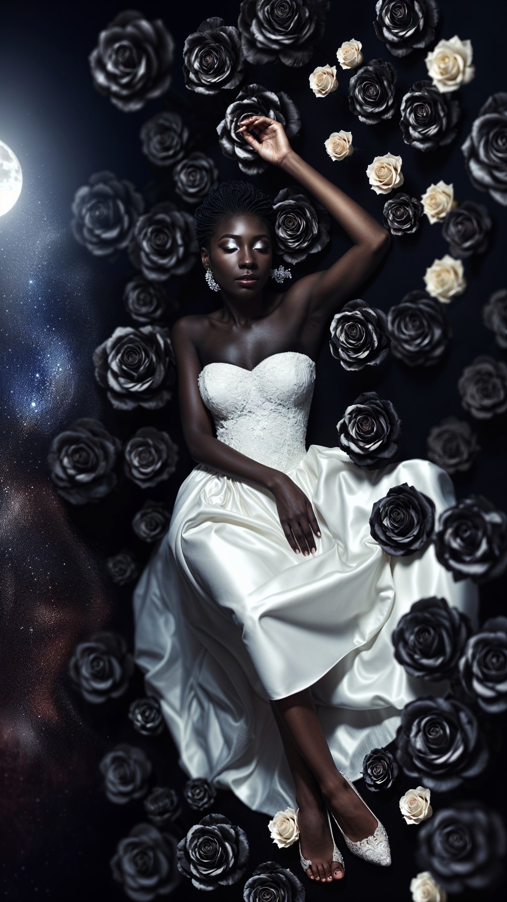 Serene Woman in White Gown Among Black and White Roses