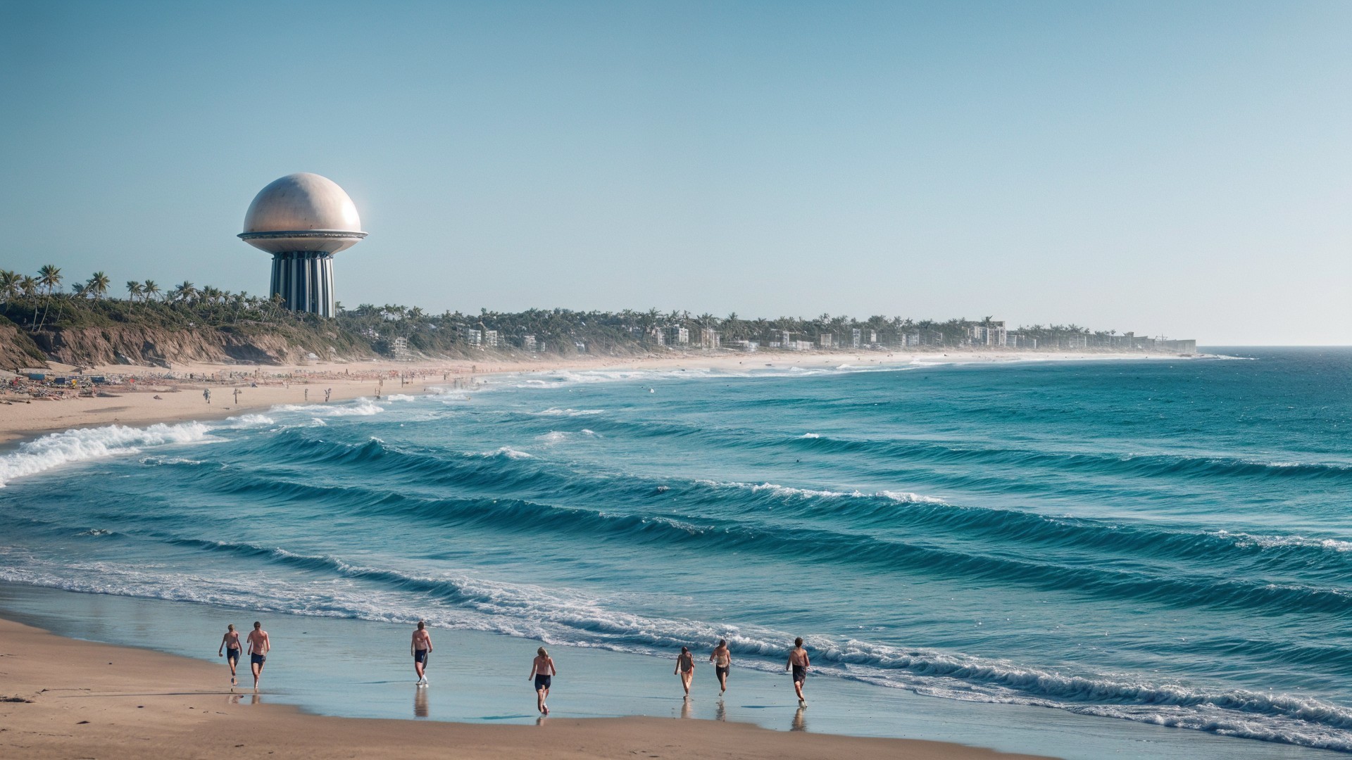 Serene beach scene with waves and futuristic dome