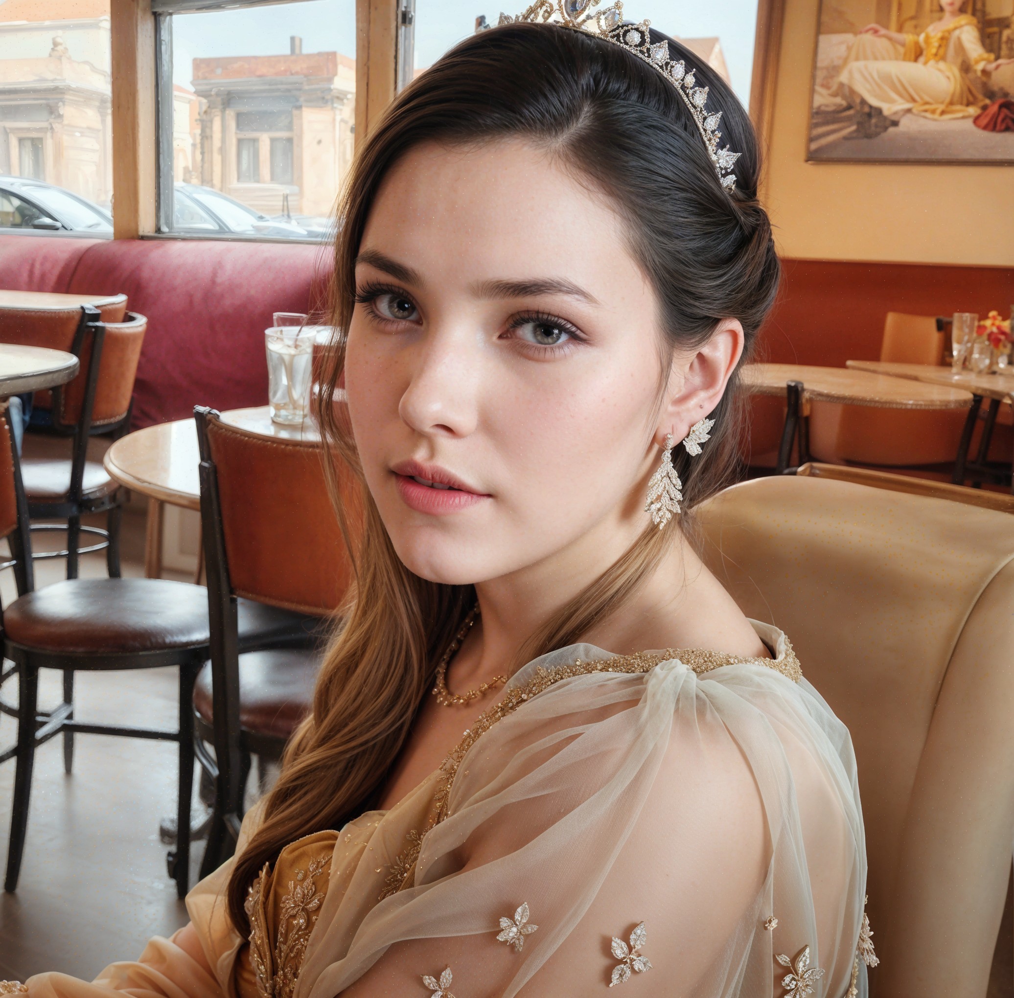Elegant young woman in ornate gown at cozy café