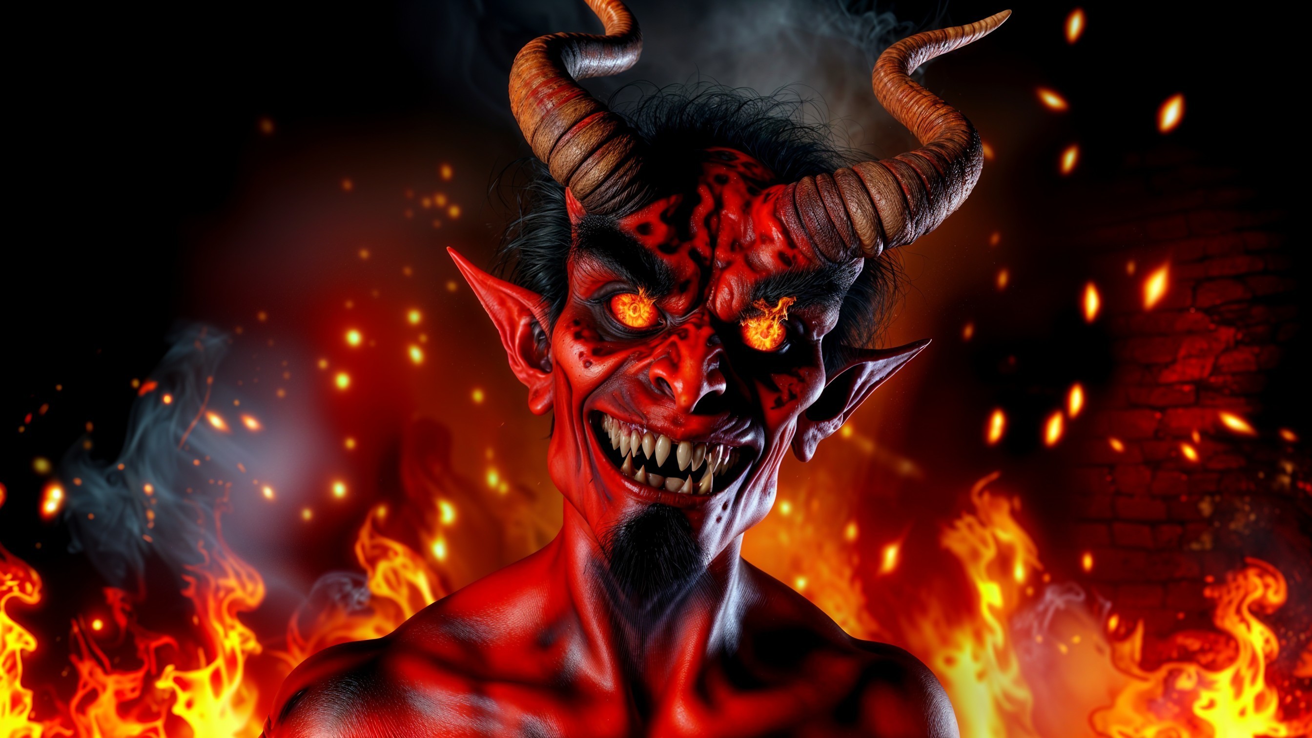 Fearsome Horned Demon with Red Skin and Flames