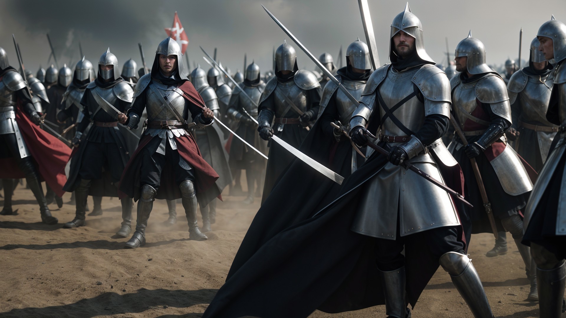 Medieval Knights in Armor Prepare for Battle Scene