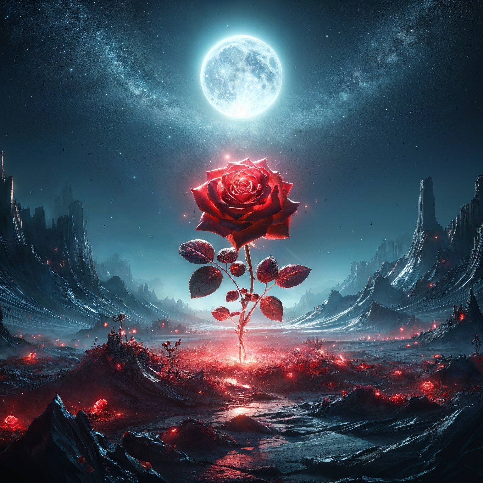 Luminous Red Rose in Surreal Moonlit Landscape