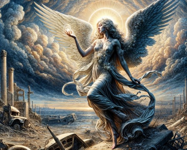 Celestial Figure in Post-Apocalyptic Landscape