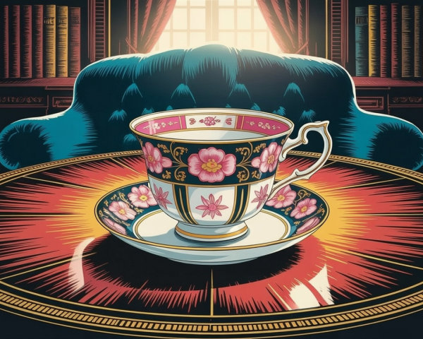 Ornate teacup on patterned saucer in cozy setting