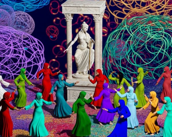 Abstract Dance Around Classical Statue in Colorful Setting