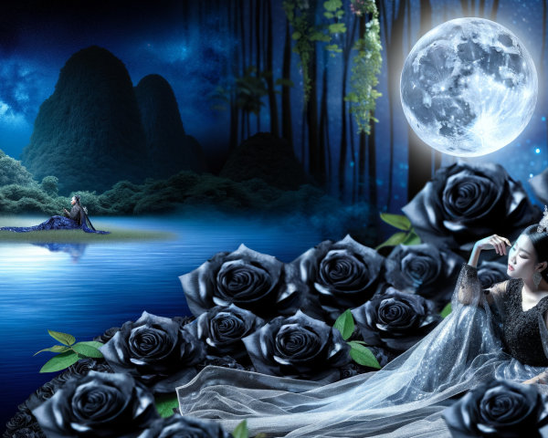 Surreal Nightscape with Woman and Black Roses