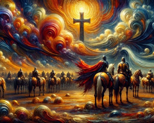 Armored Knights on Horseback Under Dramatic Sky