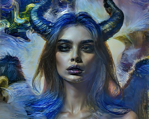 Portrait of a Woman with Blue Hair and Horns