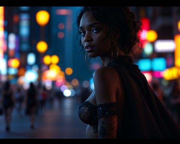 Woman in Elegant Black Outfit in Neon Urban Setting