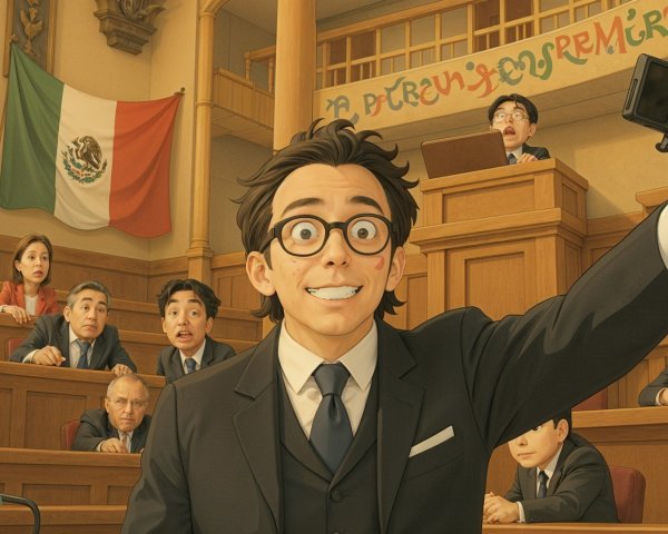 Courtroom Scene with Young Man Taking Selfie Amidst Crowd