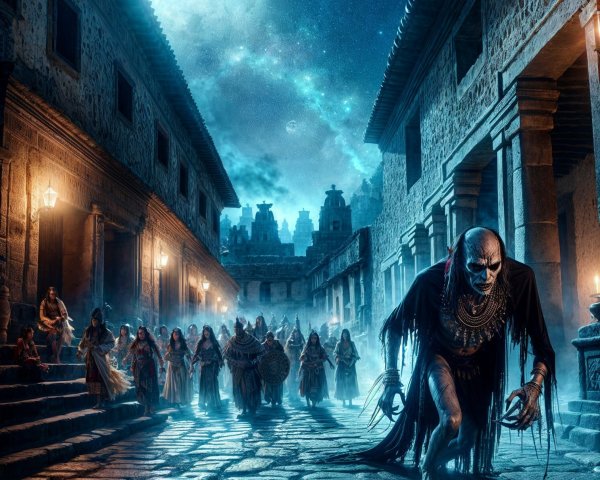 Spectral Figure Crawls in Atmospheric Night Village