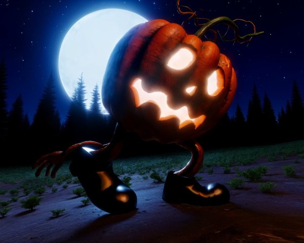 Whimsical Pumpkin Character in Moonlit Landscape