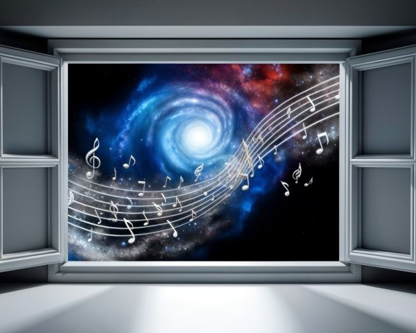 Surreal Window Scene with Cosmic Galaxy and Music Notes